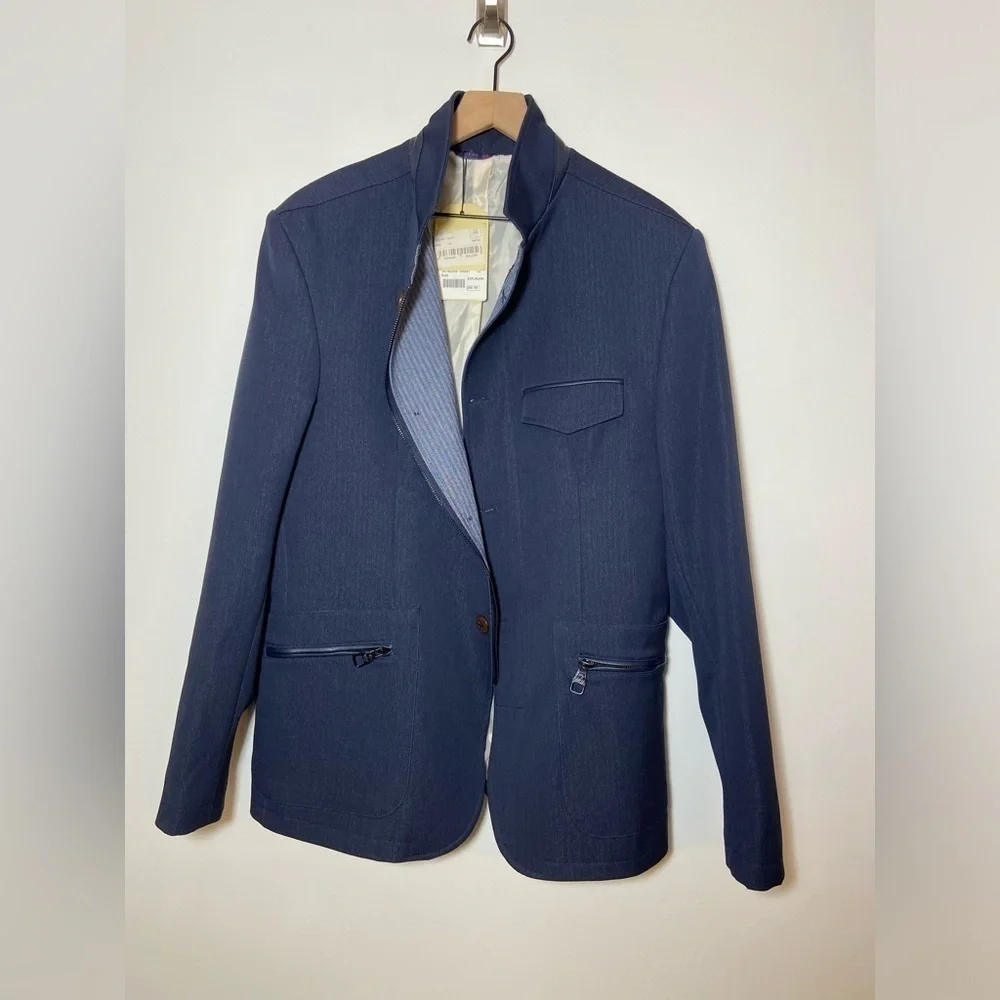 RNT23 Blazer Jacket Mens Size 46 Denim Leather Trim Full Zip Sport Coat NWT $259